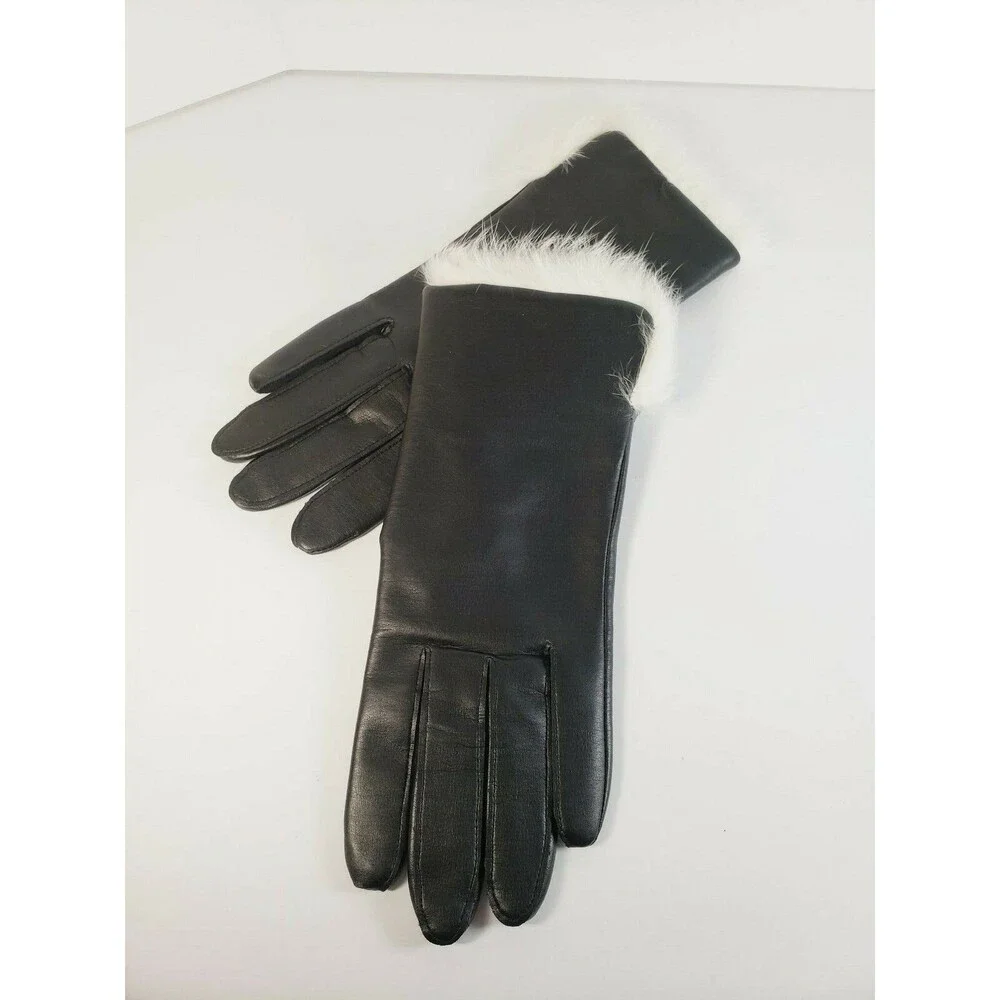 Vtg Van Raalte Winter Gloves Size B Small Black Vinyl White Faux Fur Trim MCM